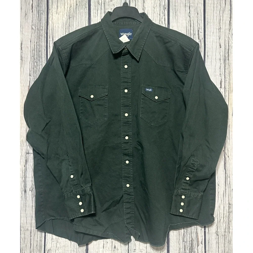 Wrangler Western Shirt Mens 3XL Big Green Solid Regular Fit Brushpopper Heavy